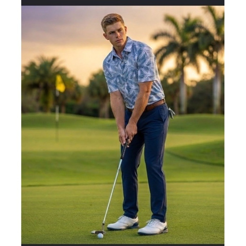 Straight Down Performance Golf Polo Large Blue Pink Tropical Palms Logo